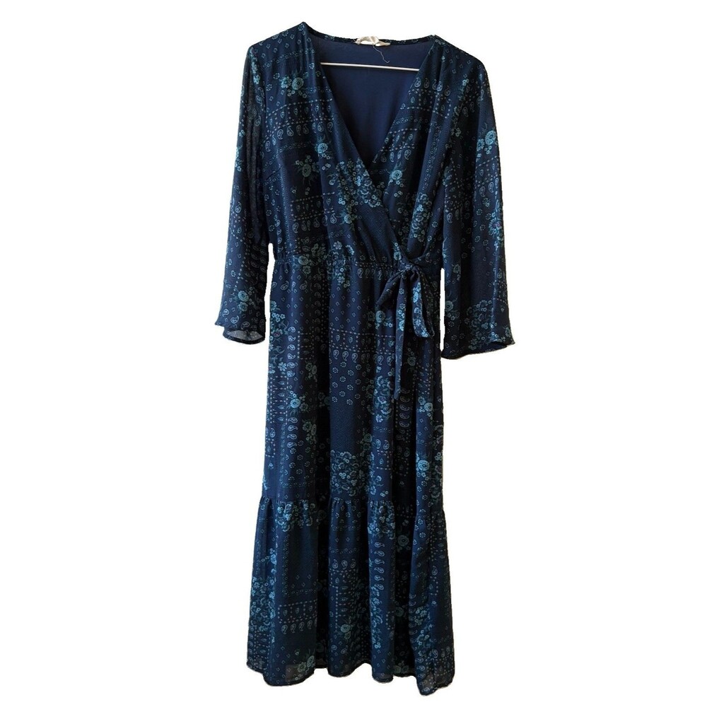 Lucky Brand Blue Floral V-Neck Wrap Tie 3/4 Sleeve Midi Dress Women’s S